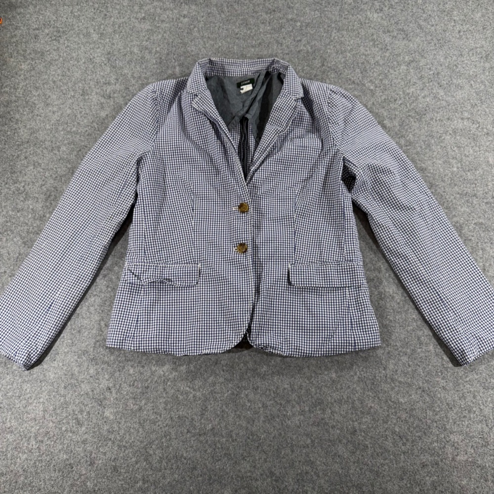 J.Crew Womens Navy Gingham Cotton Blazer Jacket Size 10 Checkered Two Button‎